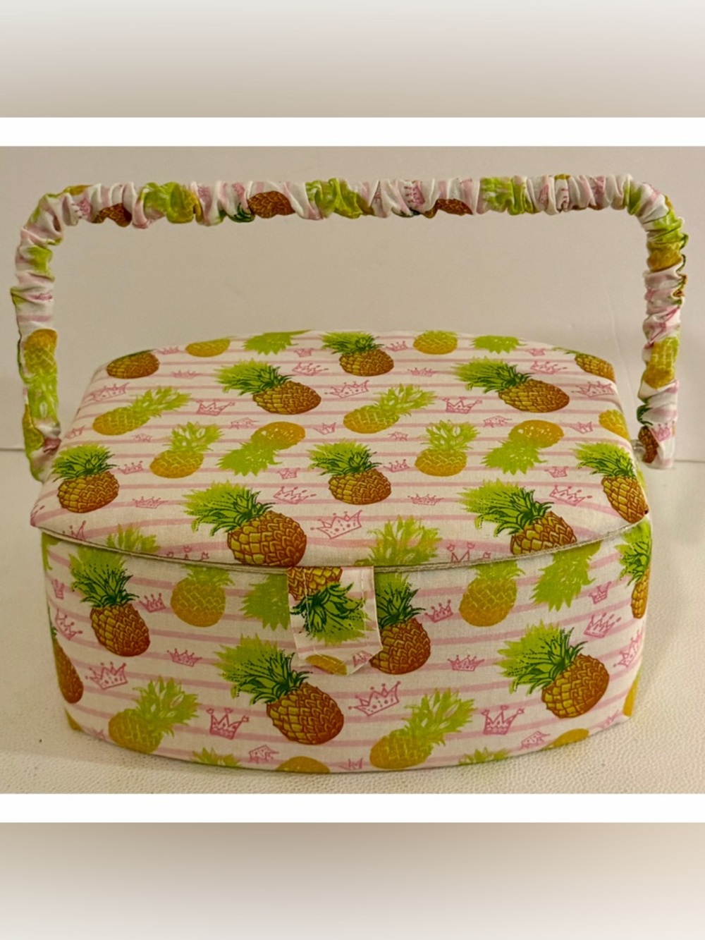 Pineapple Fabric Sewing Basket Pink Stripe Craft Storage Box Handle